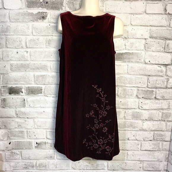 Vintage 90s Burgundy Velvet Floral Glitter Stretchy Sleeveless Sheath Dress - Picture 1 of 14